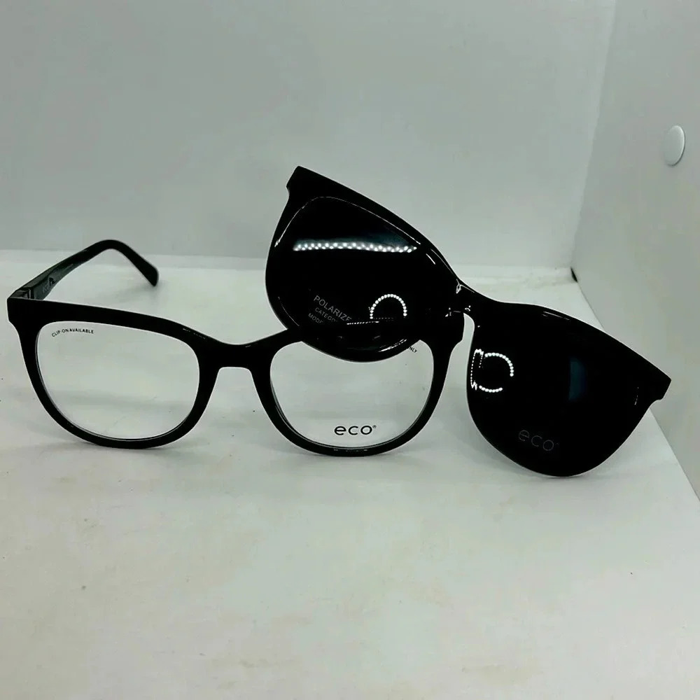 ECO Senna BLK Eyeglasses Frames & Polarized Sun Clip On. RXable. NWT